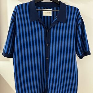 King & Tuckfield Blue Merino Striped Short-Sleeve Polo Shirt